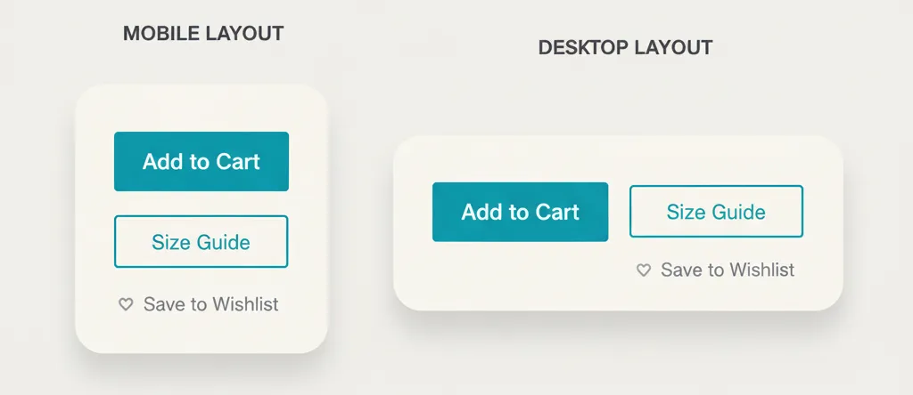 CTA examples for mobile and desktop showing Add to cart, Size guide, and Save with clear hierarchy